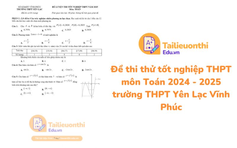 Đề thi thử tốt nghiệp THPT môn Toán 2024 - 2025 trường THPT Yên Lạc Vĩnh Phúc